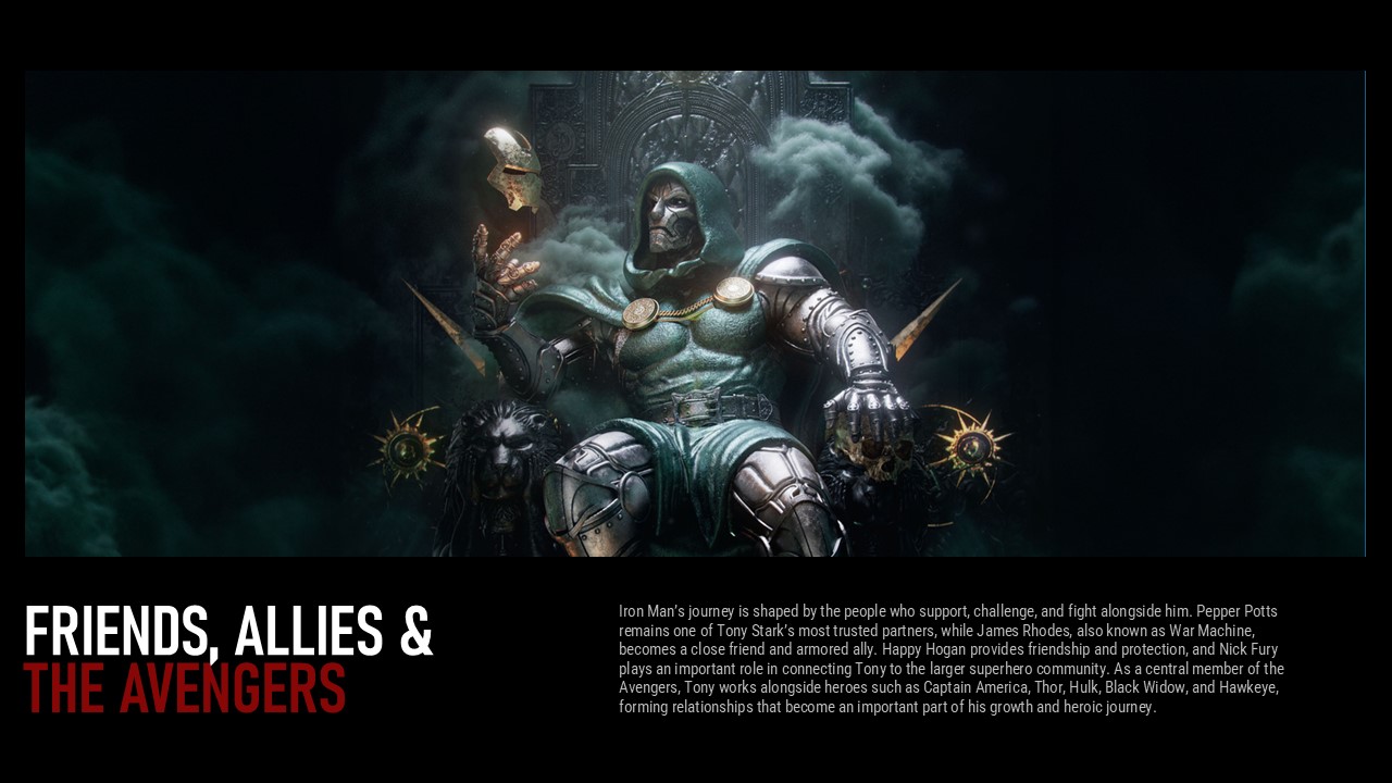 Iron Man Friends Allies Avengers Template - Gothic throne hero image with partners and allies narrative text block