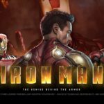 Iron Man Google Slides Template - Tony Stark character profile with red attribute cards on dark cinematic background