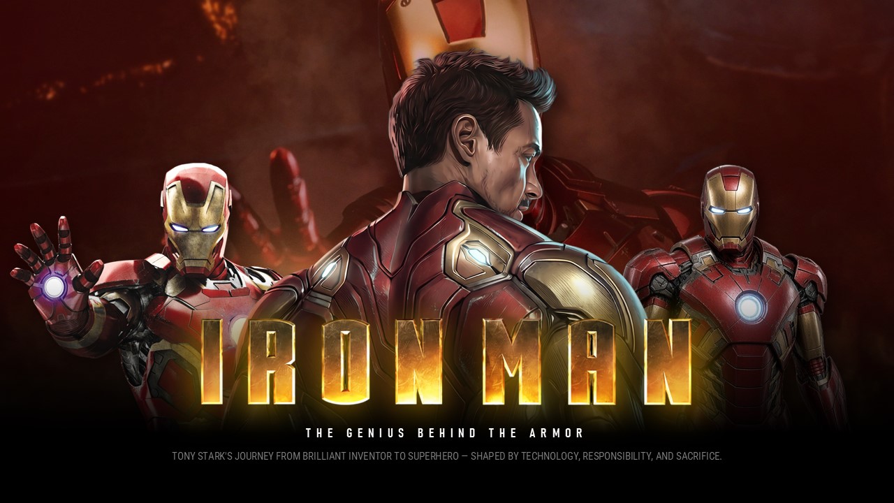 Iron Man Google Slides Template - Tony Stark character profile with red attribute cards on dark cinematic background