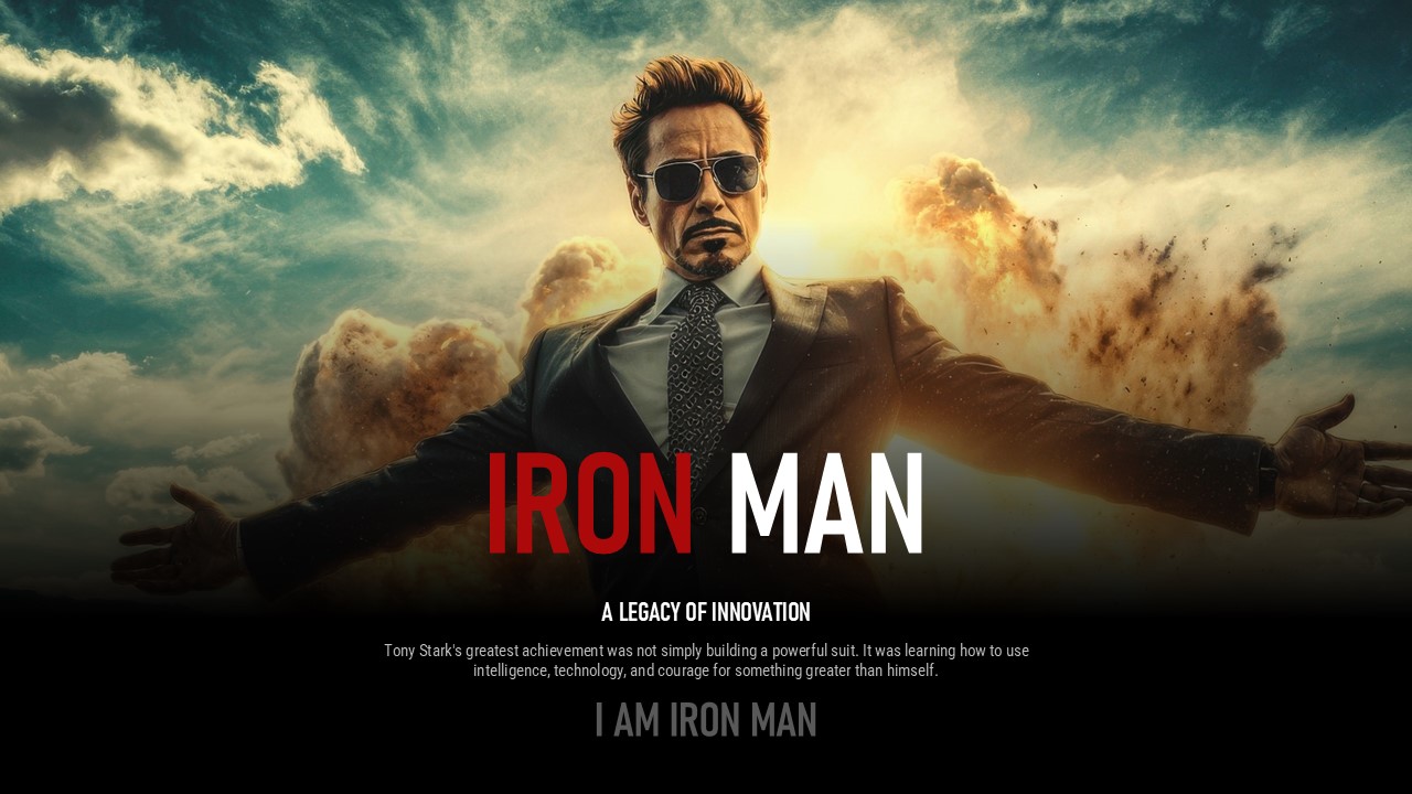 Iron Man Legacy Template - Full-bleed golden closing slide with 'I Am Iron Man' tagline and explosion backdrop
