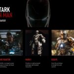Iron Man Origin Story Timeline Template - Six-card armor technology grid with glowing arc reactor hero image