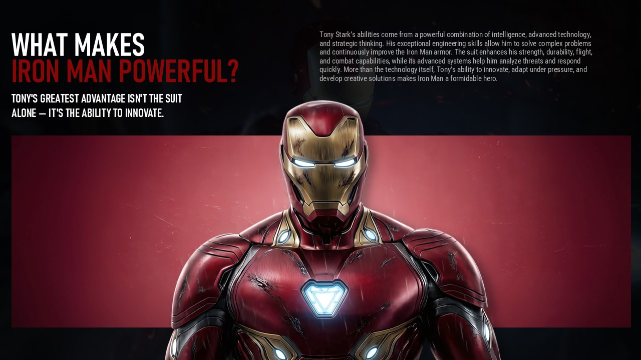 Iron Man Power Strength Template - Full-suit hero image on crimson background with innovation value proposition