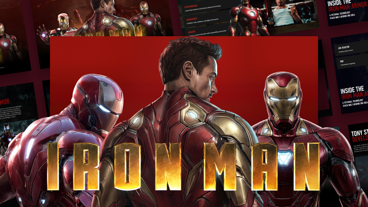 Iron Man Template - Cinematic collage preview with gold metallic title on deep red background