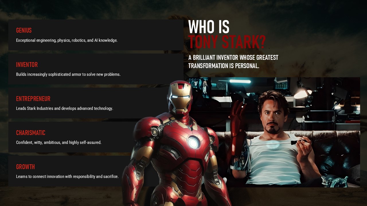 Iron Man Who Is Tony Stark Template - Five-column origin timeline with red stage labels on black background