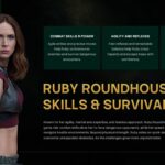 Jumanji Open World Character Skills Template - Ruby Roundhouse portrait with three green feature cards and bold gold skills headline