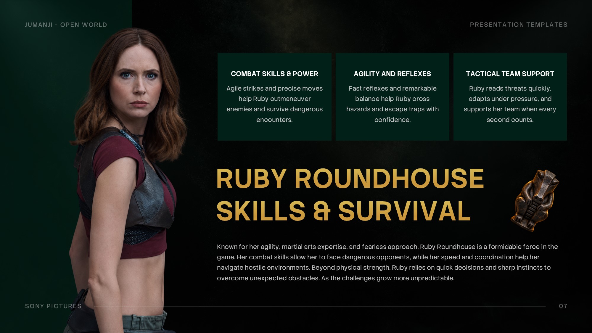 Jumanji Open World Character Skills Template - Ruby Roundhouse portrait with three green feature cards and bold gold skills headline