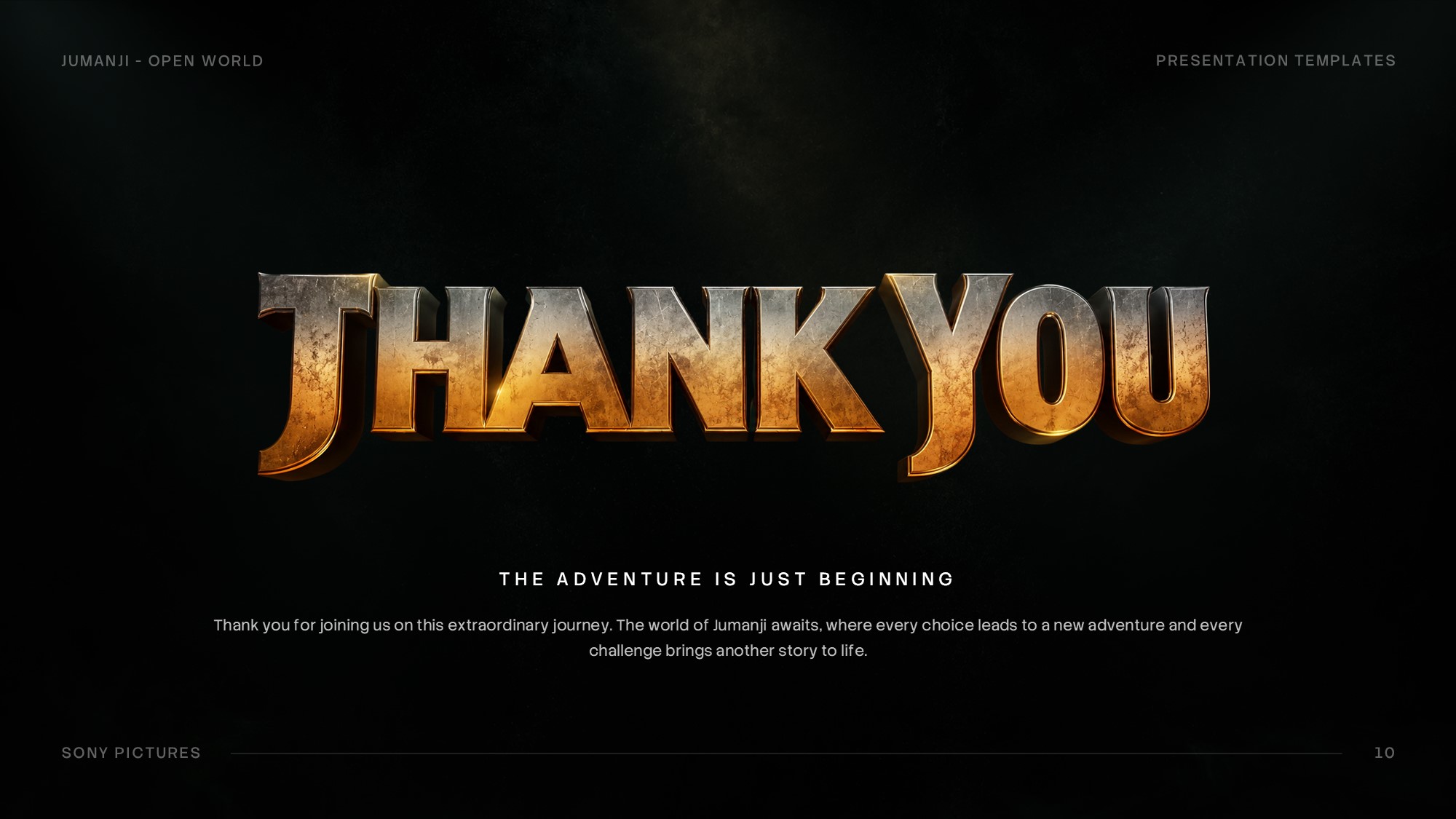 Jumanji Open World Closing Template - Cinematic closing slide with cast, gold branding, and a powerful final call-to-action