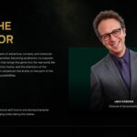 Jumanji Open World Director Profile Template - Jake Kasdan portrait on green panel beside gold headline and creative vision biography