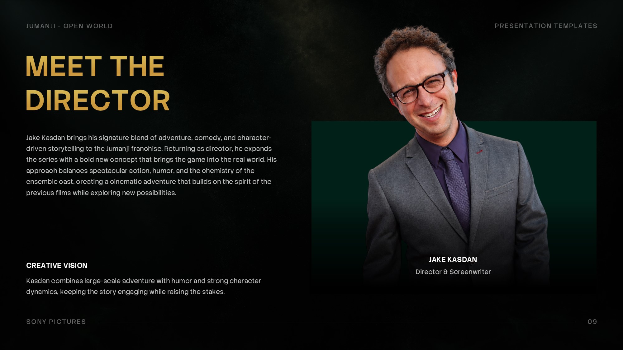 Jumanji Open World Director Profile Template - Jake Kasdan portrait on green panel beside gold headline and creative vision biography