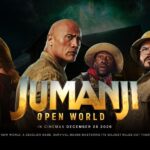 Jumanji Open World Google Slides Template - Hero title slide with cast, supernatural sky, and gold movie-style typography