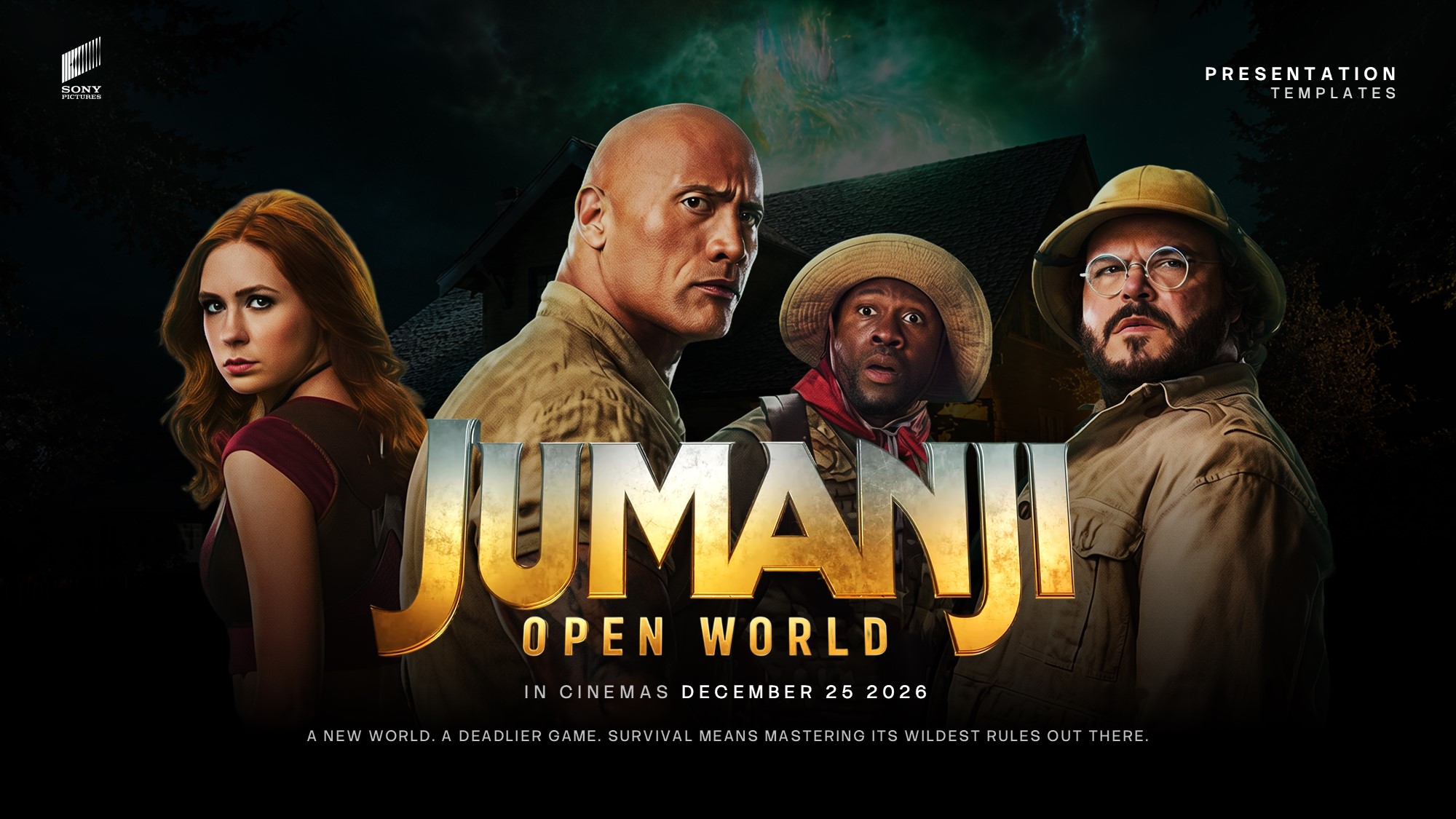 Jumanji Open World Google Slides Template - Hero title slide with cast, supernatural sky, and gold movie-style typography