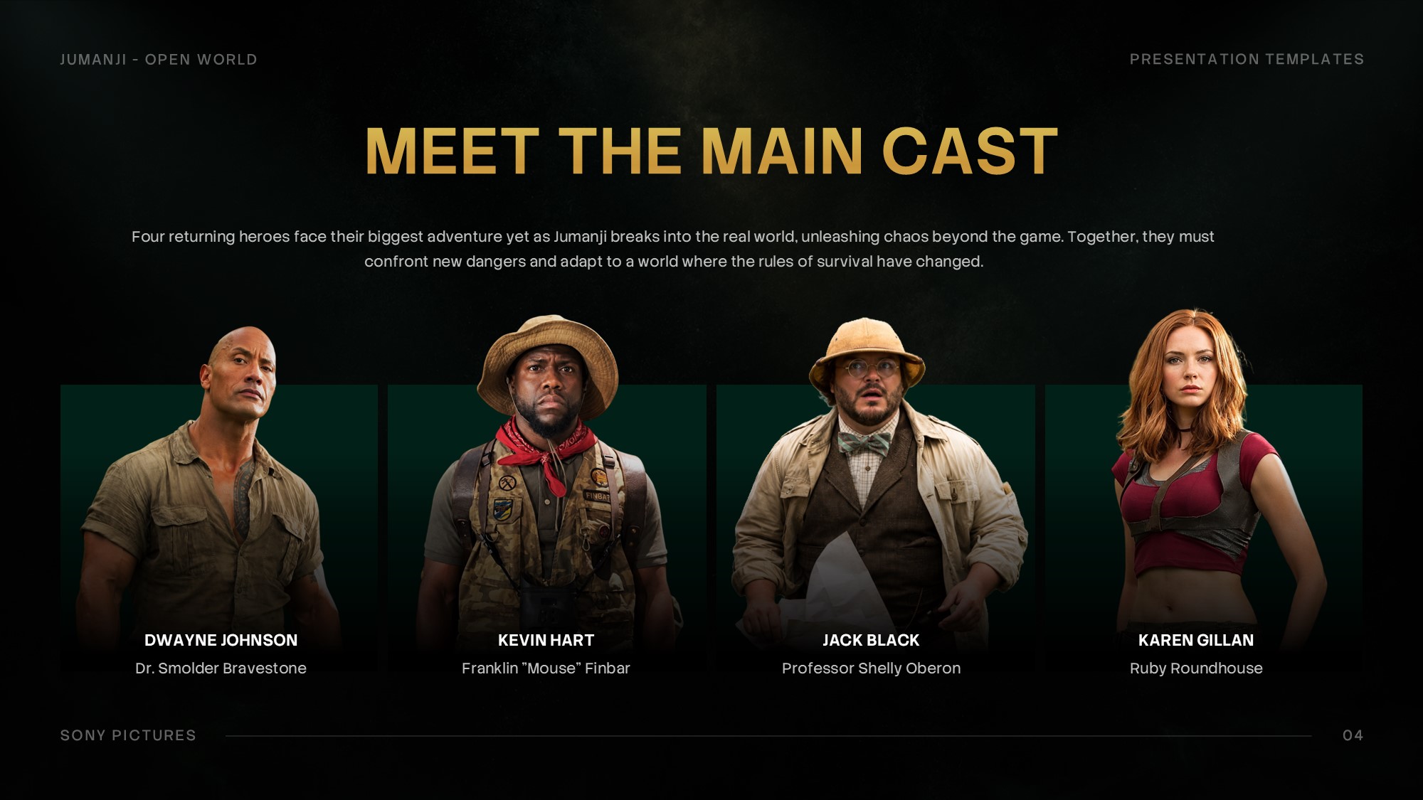 Jumanji Open World Main Cast Template - Four portrait cards showcasing Dwayne Johnson, Kevin Hart, Jack Black, and Karen Gillan