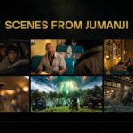 Jumanji Open World Scenes Gallery Template - 2x3 cinematic photo grid with diner scenes, jungle portals, and city rhino charge