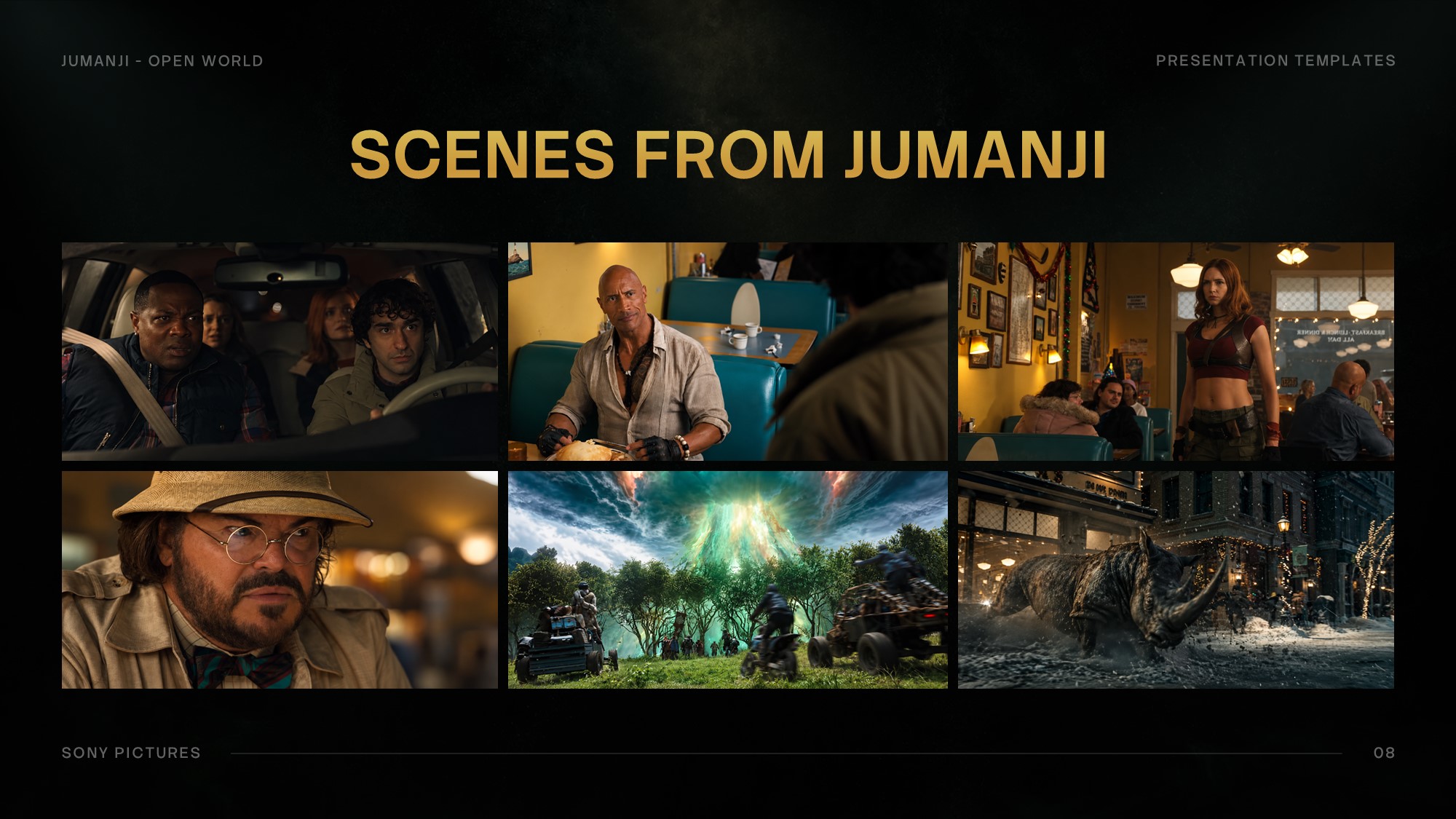 Jumanji Open World Scenes Gallery Template - 2x3 cinematic photo grid with diner scenes, jungle portals, and city rhino charge