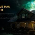 Jumanji Open World Story Synopsis Template - Split layout with gold headline, narrative body text, and atmospheric house visual