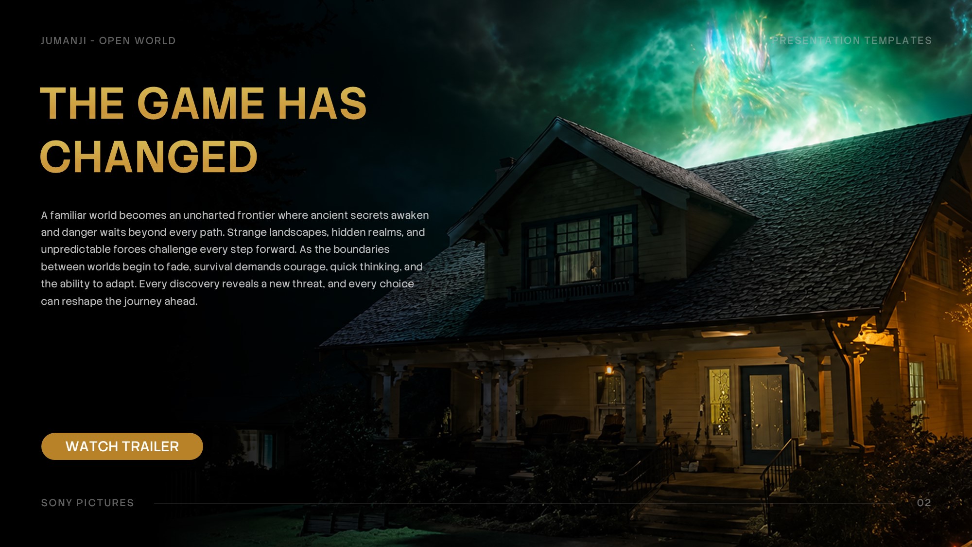Jumanji Open World Story Synopsis Template - Split layout with gold headline, narrative body text, and atmospheric house visual