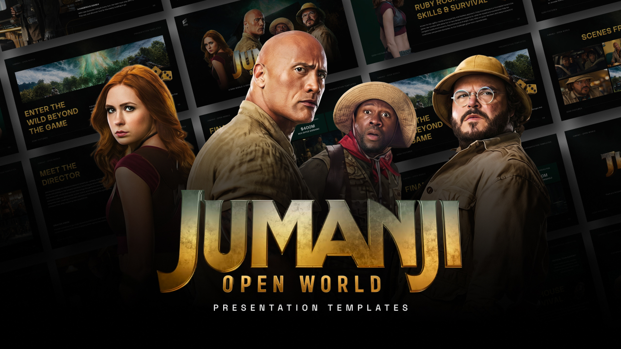 Jumanji Open World Template - Cinematic gold-and-black presentation pack with cast heroes and slide previews