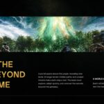 Jumanji Open World World-Building Template - Panoramic jungle banner with gold headline, body text, and a decorative 3D golden dice