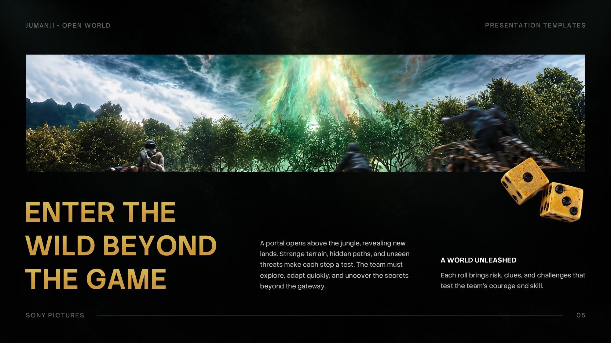 Jumanji Open World World-Building Template - Panoramic jungle banner with gold headline, body text, and a decorative 3D golden dice