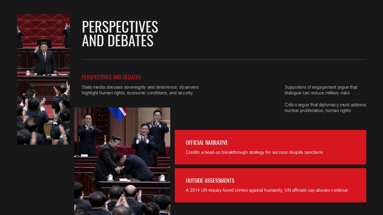 Kim Jong Un Template - Conclusion slide with summary paragraph and bold closing statement on red background