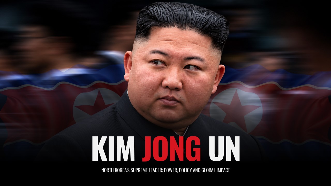 Kim Jong Un Template - Title slide with centered portrait, dark background, and bold red-white heading