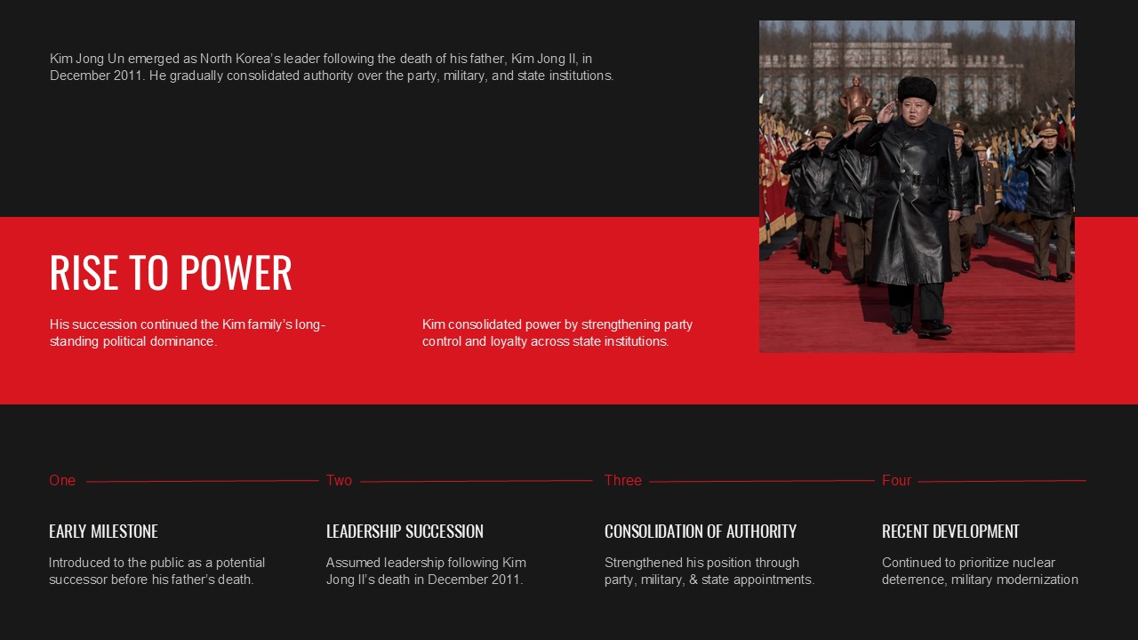 Kim Jong Un Template - Rise to power slide with four-step historical timeline and red accent band