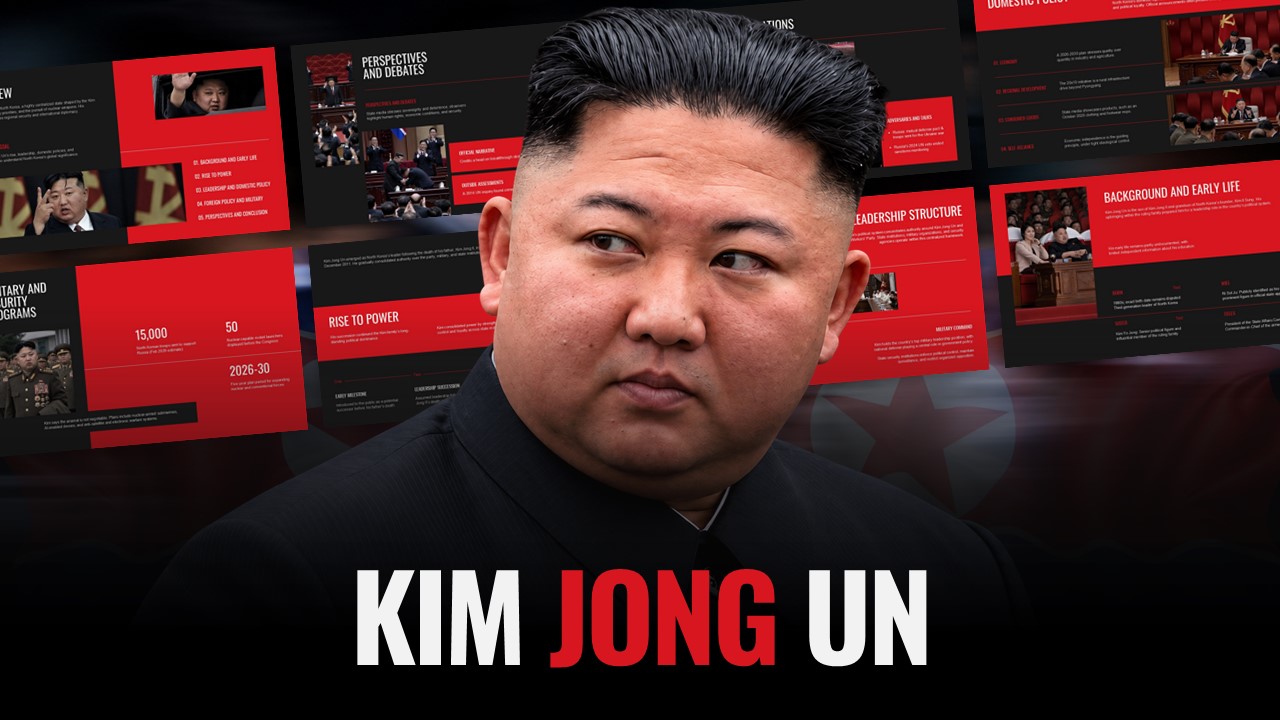 Kim Jong Un Template - Dark promotional thumbnail with slide previews and bold red-white title design