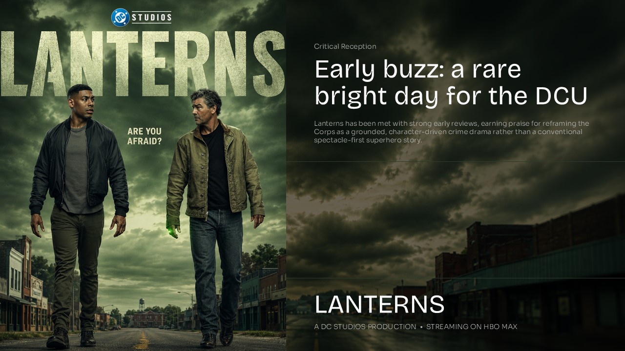 Lanterns Series Closing Slide Template - Split-screen with key art poster and bold critical reception headline
