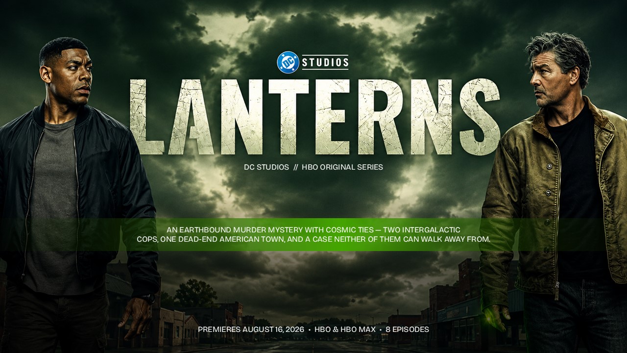 Lanterns Series Google Slides Template - Bold title slide with KPI stats, ring prop, and cinematic noir aesthetic