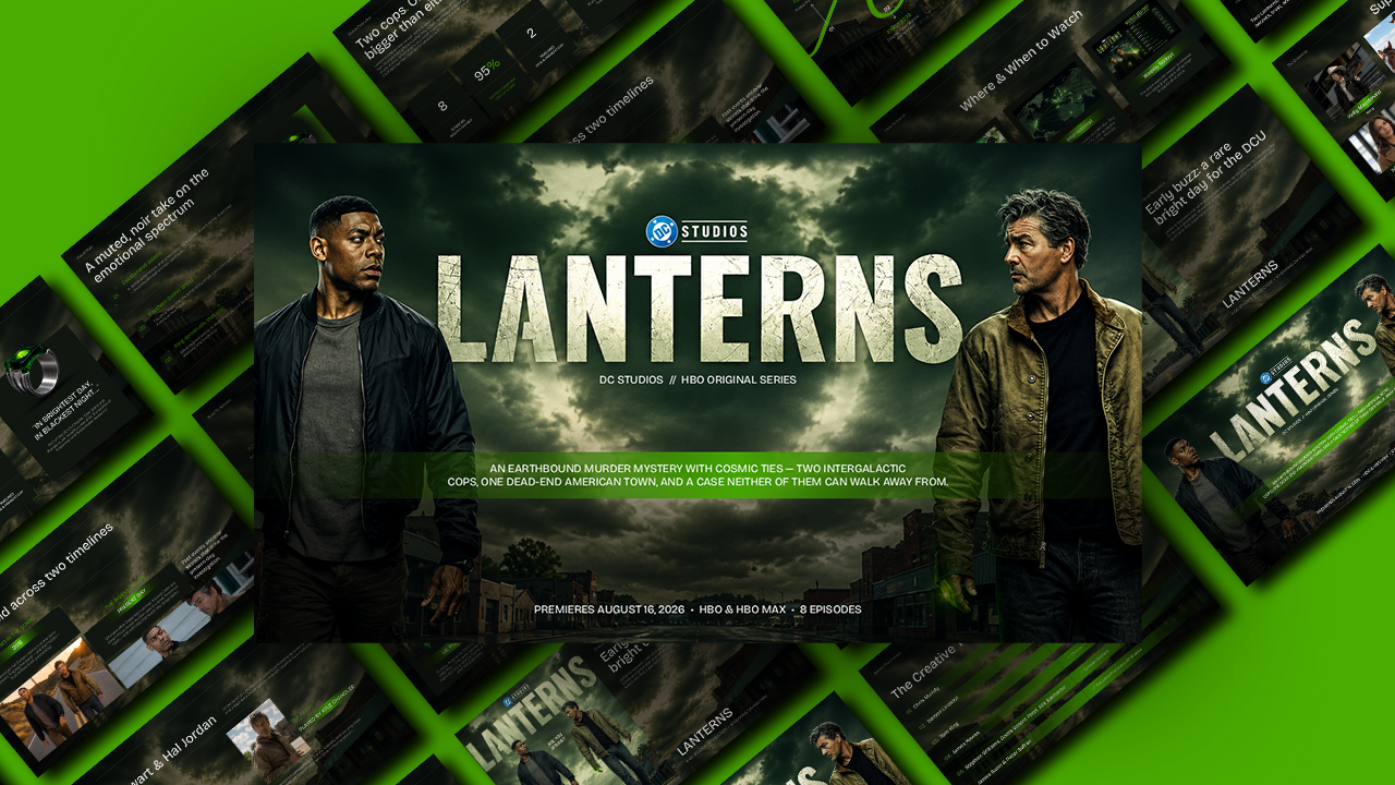Lanterns Series Template - Dark cinematic deck preview with neon green accents on moody storm-cloud slides