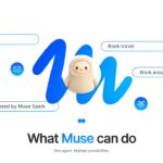 Meta Muse AI Agent Template - Capabilities overview slide with floating feature tags and brand mascot