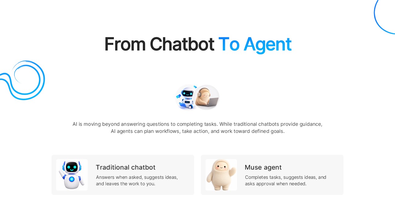 Meta Muse AI Agent Template - From Chatbot To Agent comparison slide with two side-by-side cards