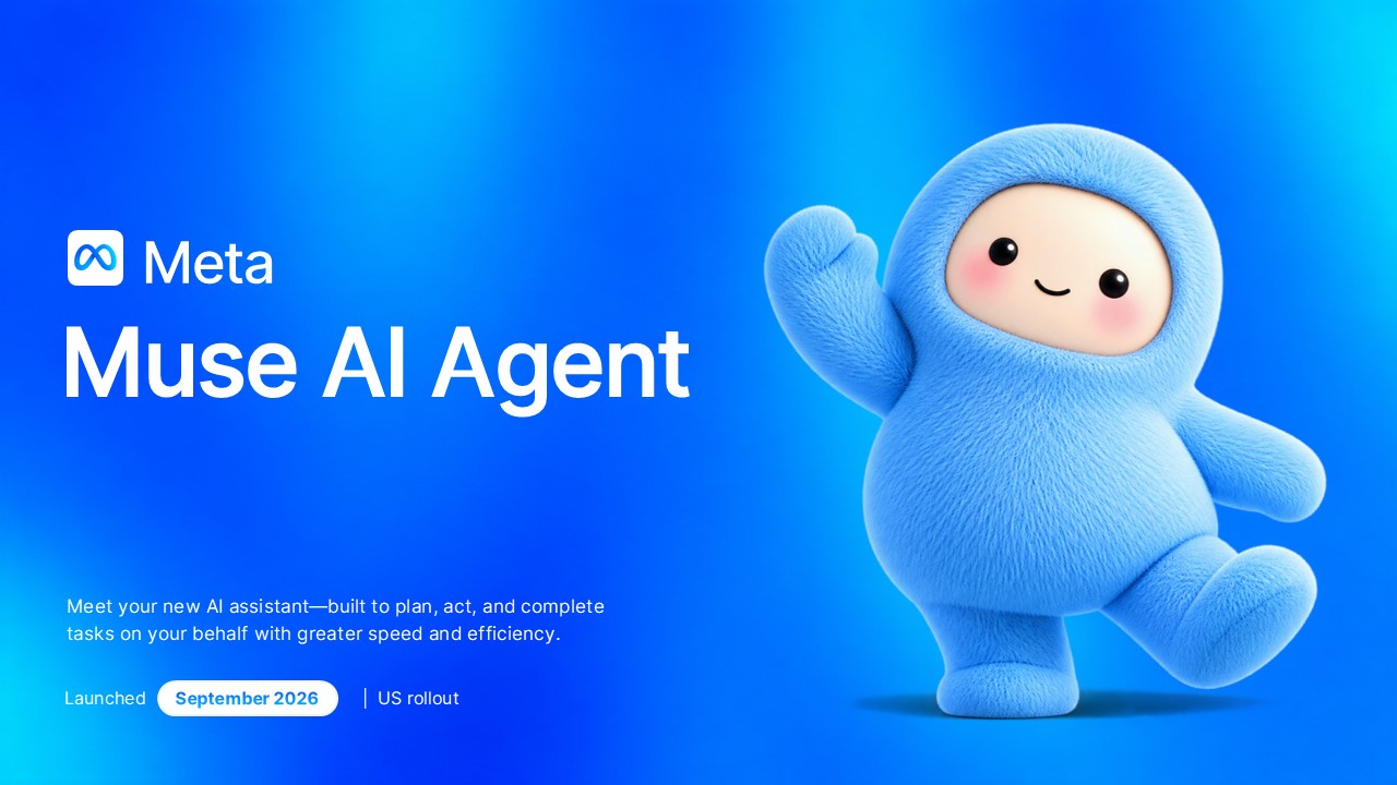 Meta Muse AI Agent Template - Title slide with hero headline, launch date badge, and US rollout label