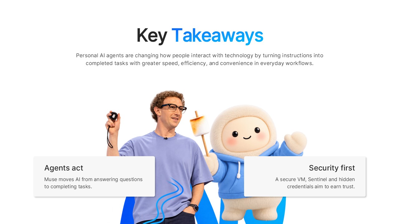 Meta Muse AI Agent Template - Key Takeaways summary slide with two insight cards and editorial photo