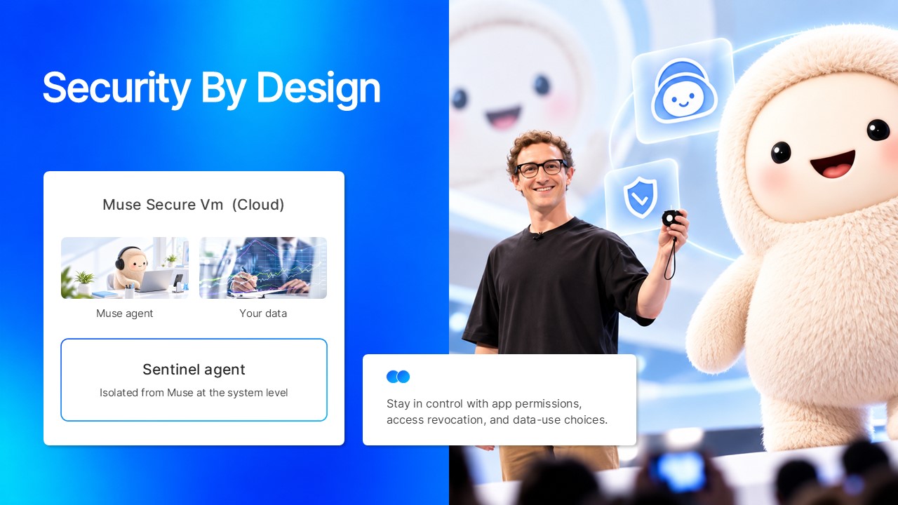 Meta Muse AI Agent Template - Security By Design slide with architecture diagram and split-panel layout