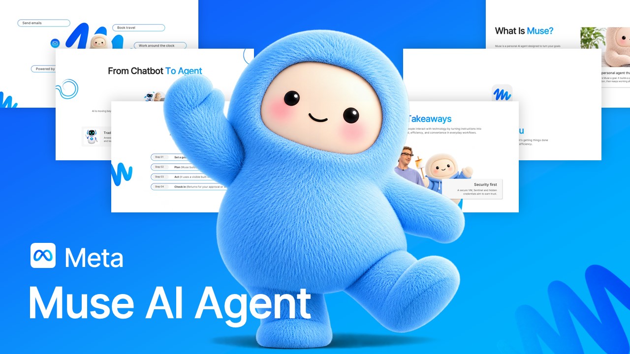 Meta Muse AI Agent Template - Featured cover image with 3D blue mascot and slide preview collage