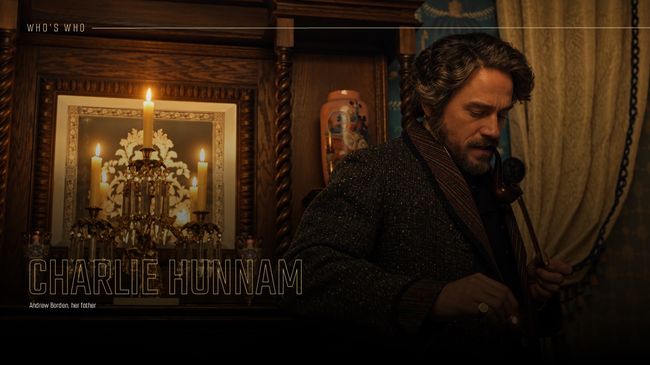 Monster Lizzie Borden Charlie Hunnam Cast Template - Amber candlelit Victorian scene spotlighting the actor as Andrew Borden