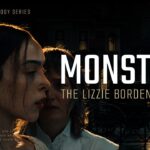 Monster Lizzie Borden Google Slides Template - Premiere date announcement with golden duo portrait and dramatic dark backdrop