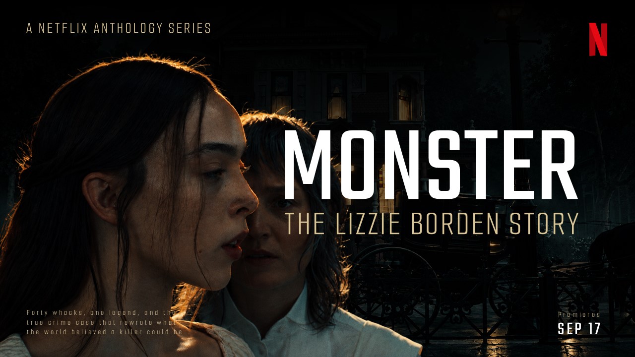 Monster Lizzie Borden Google Slides Template - Premiere date announcement with golden duo portrait and dramatic dark backdrop