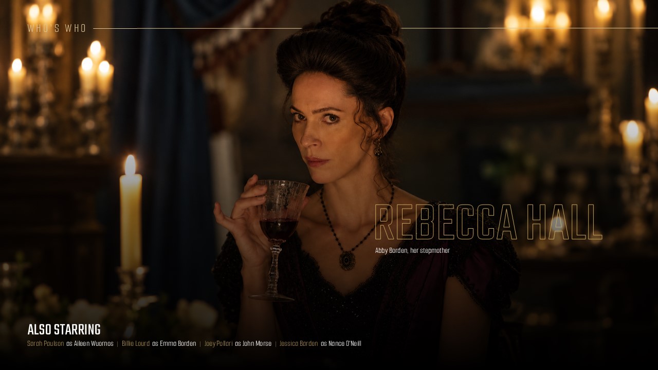 Monster Lizzie Borden Rebecca Hall Cast Template - Opulent dinner scene cast slide with full supporting ensemble credits below
