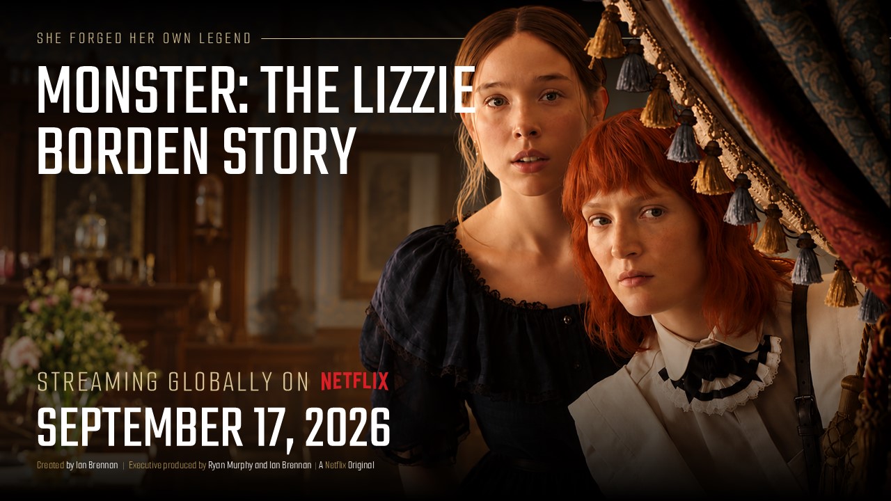Monster Lizzie Borden Streaming Premiere Template - Closing announcement slide with Victorian duo portrait and Netflix premiere date