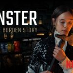 Monster Lizzie Borden Netflix Template - Dark cinematic cover slide with axe-wielding figure and Victorian house backdrop