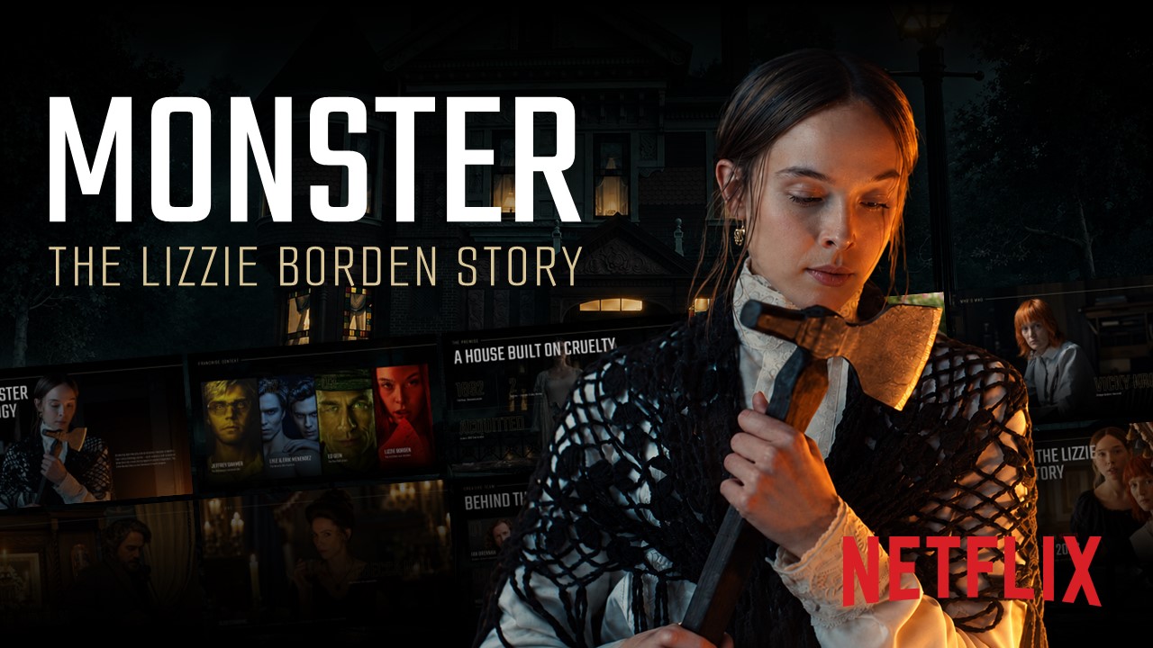 Monster Lizzie Borden Netflix Template - Dark cinematic cover slide with axe-wielding figure and Victorian house backdrop