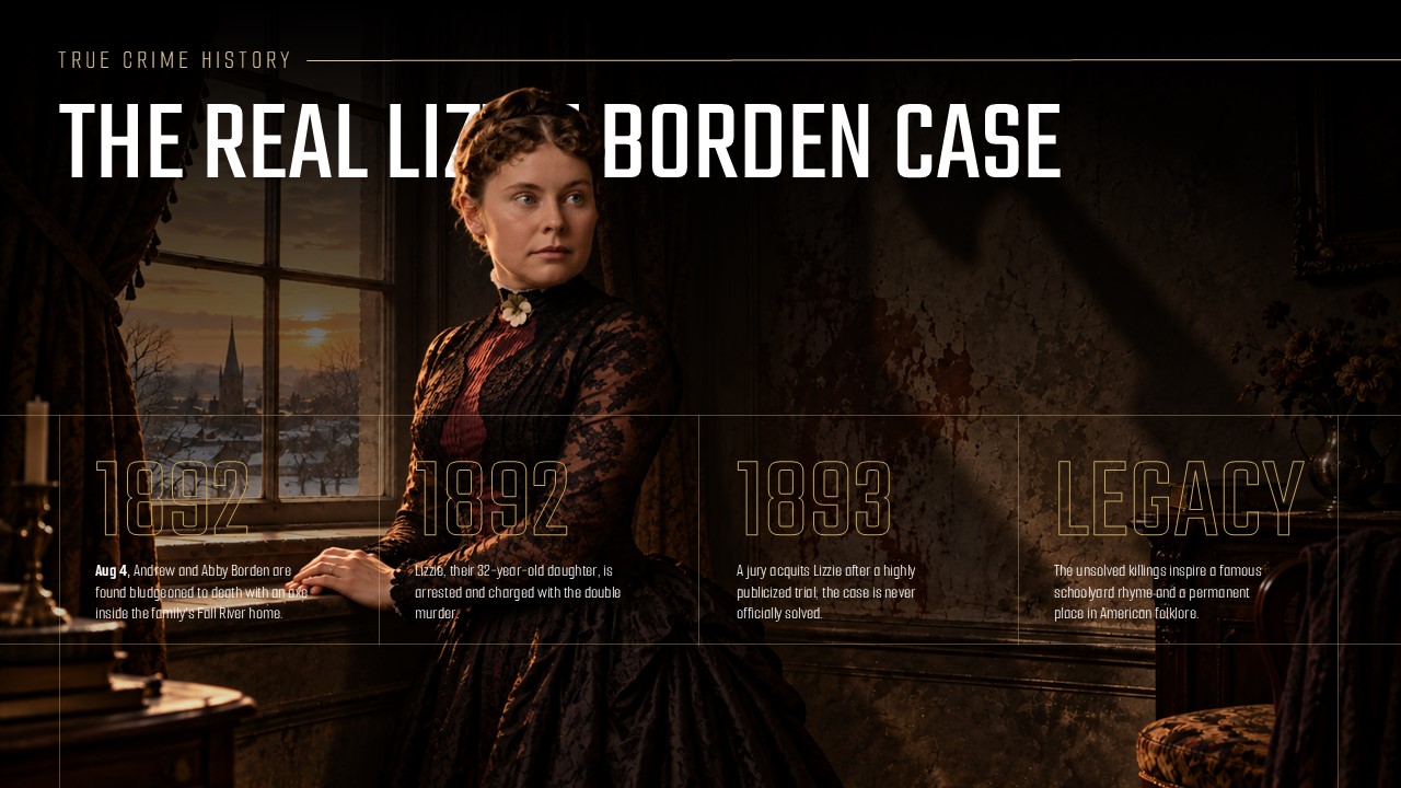 Monster Lizzie Borden True Crime History Template - Gothic Victorian timeline slide tracing the real 1892 axe murder case