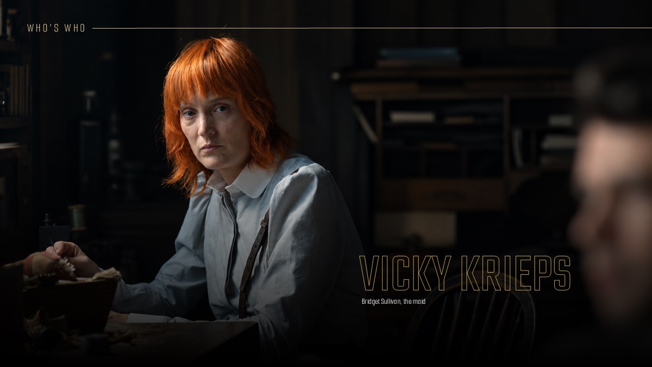 Monster Lizzie Borden Vicky Krieps Cast Template - Candlelit Victorian portrait slide introducing the actress as Bridget Sullivan