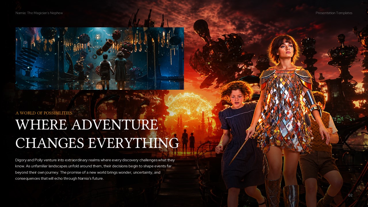 Narnia Adventure Template - Climactic action slide with crimson sky, Jadis figure, and dual image collage
