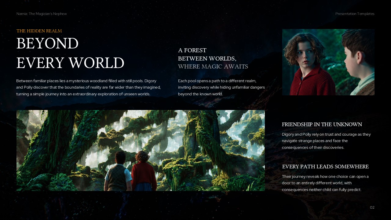 Narnia Hidden Realm Template - World-building slide with forest photography and four asymmetric content zones