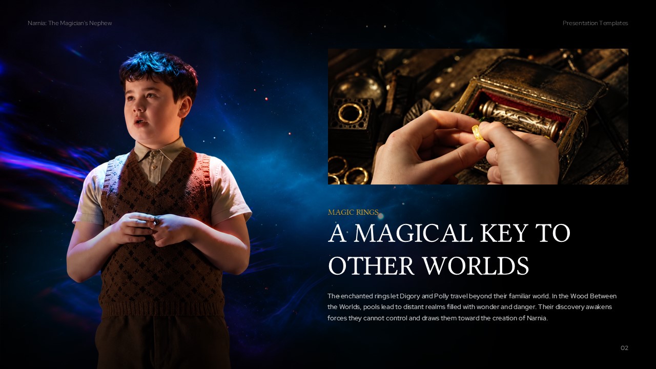 Narnia Magic Rings Template - Dual narrative slide with fiery world creation imagery and two content blocks