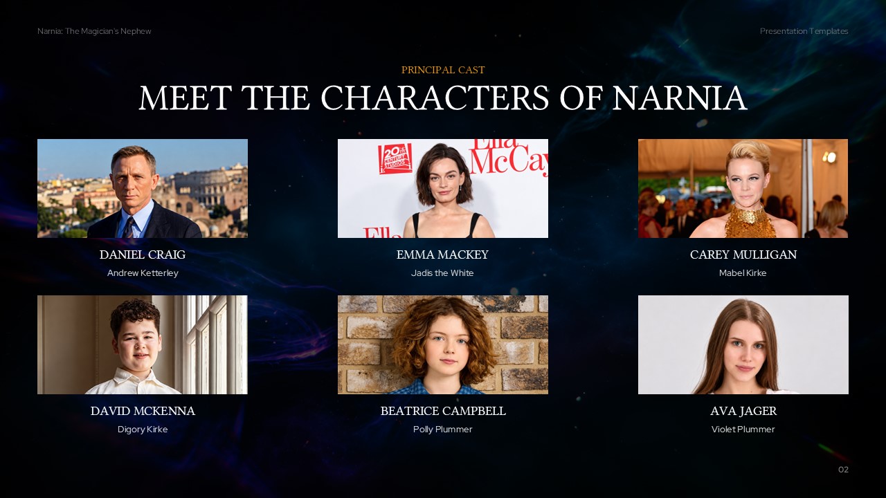 Narnia Principal Cast Template - 3x2 character grid with portrait cards on dark cosmic background