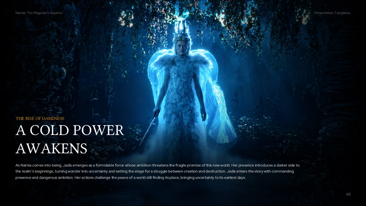 Narnia Rise of Darkness Template - Full-bleed villain reveal slide with White Witch in icy blue glow